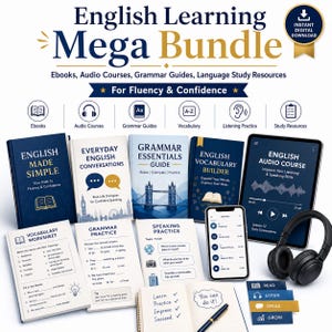 Op de afbeelding: Een digitale English Learning Mega Bundle downloadset met boeken, audiocursussen en studiemiddelen. Bevat titels zoals English Made Simple, Everyday English Conversations, Grammar Essentials Guide en English Vocabulary Builder.