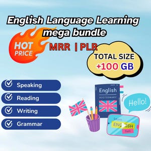 Puede incluir: Un anuncio de un mega paquete de aprendizaje del idioma inglés. La imagen incluye un gráfico de llama con el texto "HOT PRICE", un gráfico de nube con "TOTAL SIZE +100 GB" e iconos para hablar, leer, escribir y gramática. También hay un diccionario de inglés, una tableta y un bocadillo.