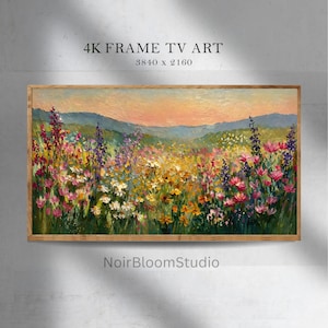 Puede incluir: Pintura de paisaje enmarcada de un prado de flores silvestres colorido bajo un cielo de atardecer. La obra presenta una variedad de flores en tonos rosa, amarillo, morado y blanco. El texto "4K FRAME TV ART" y "3840 x 2160" es visible en la parte superior. El nombre del artista, "NoirBloomStudio", está en la parte inferior.