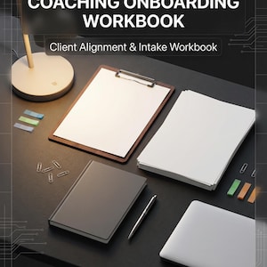 Puede incluir: Una configuración de espacio de trabajo con un cuaderno de trabajo de incorporación de coaching. La imagen incluye un portapapeles, una pila de papeles, un cuaderno, un bolígrafo y un ordenador portátil. El texto de la imagen dice "COACHING ONBOARDING WORKBOOK" y "Client Alignment & Intake Workbook".