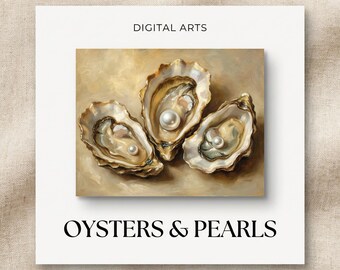 Bodegón de ostras y perlas, arte mural imprimible: pintura al óleo vintage costera de lujo, descarga digital