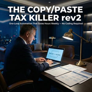 Può includere: Un uomo in giacca e cravatta lavora su un laptop. Lo schermo mostra "TRIGGER -> ACTION". Il testo sopra recita "THE COPY/PASTE TAX KILLER rev2" e "One-Loop Automation That Saves Hours Weekly - No Coding Required". Sul tavolo ci sono fogli e una lampada da scrivania.