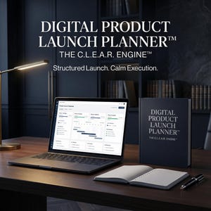 Puede incluir: Un portátil que muestra una hoja de ruta del proyecto está sobre un escritorio de madera, junto a una agenda y un cuaderno abierto. La agenda dice "DIGITAL PRODUCT LAUNCH PLANNER". El texto "Structured Launch. Calm Execution." también es visible.