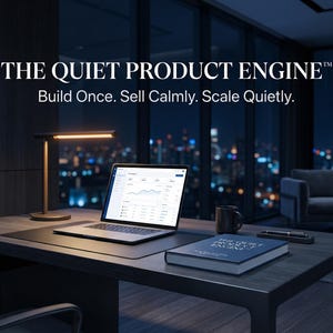 May include: A modern office desk with a laptop displaying data charts, a book, a pen, and a coffee mug. The text "THE QUIET PRODUCT ENGINE" is displayed above the desk, with the tagline "Build Once. Sell Calmly. Scale Quietly."