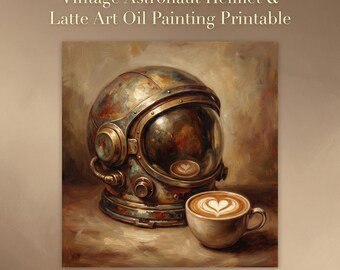Pintura al óleo con latte art de casco de astronauta: Impresión surrealista de café (descarga digital)
