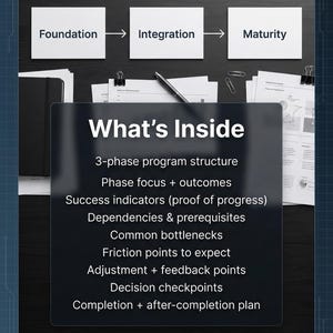 K&ouml;nnte beinhalten: Ein Diagramm mit den Phasen Foundation, Integration und Maturity. Das Bild enth&auml;lt auch eine Liste von Programmelementen, wie z. B. "3-Phasen-Programmstruktur" und "Entscheidungskontrollpunkte."