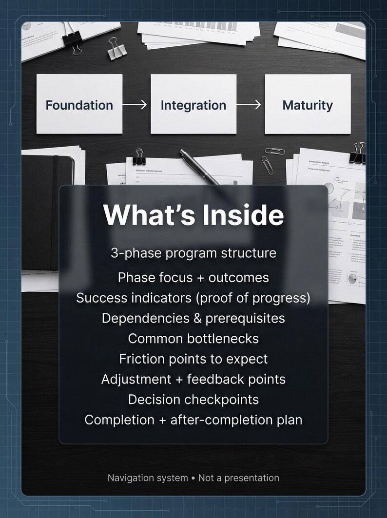 K&ouml;nnte beinhalten: Ein Diagramm mit den Phasen Foundation, Integration und Maturity. Das Bild enth&auml;lt auch eine Liste von Programmelementen, wie z. B. "3-Phasen-Programmstruktur" und "Entscheidungskontrollpunkte."
