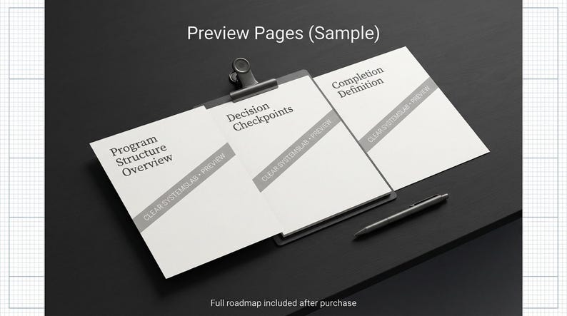 K&ouml;nnte beinhalten: Ein Klemmbrett mit drei wei&szlig;en Seiten, die jeweils mit Text wie "Program Structure Overview" und "Decision Checkpoints" beschriftet sind. Die Seiten werden von einer silbernen Klammer zusammengehalten. Ein Stift liegt auf der schwarzen Oberfl&auml;che. Der Text "Preview Pages (Sample)" steht oben.