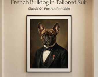 Bulldog francés con traje a medida: retrato clásico al óleo imprimible