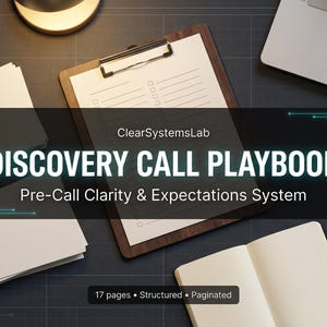 Puede incluir: Vista superior de un espacio de trabajo con portapapeles, bloc de notas y portátil. El texto "DISCOVERY CALL PLAYBOOK" se muestra de forma destacada, junto con "Pre-Call Clarity & Expectations System". El texto adicional indica 17 páginas, estructuradas y paginadas.