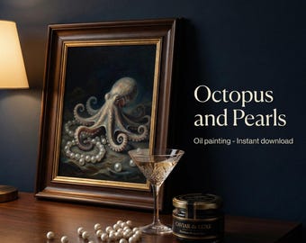Pintura al óleo surrealista de pulpo y perlas / Naturaleza muerta costera (Descarga digital)