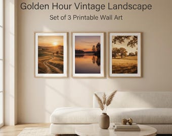 Láminas artísticas de paisajes vintage: pintura al óleo costera de pradera dorada (descarga digital)