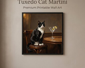 Gato Esmoquin y Martini – Pintura al óleo vintage imprimible (Decoración digital para bar de lujo)