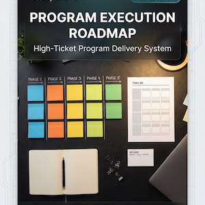 Puede incluir: Una hoja de ruta digital de ejecución de programas con el texto "PROGRAM EXECUTION ROADMAP" y "High-Ticket Program Delivery System". La imagen incluye notas adhesivas de colores, un cuaderno, un bolígrafo y una tarjeta KPI. El documento tiene 20 páginas, estructurado y paginado.