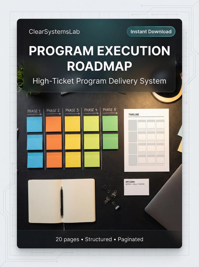 K&ouml;nnte beinhalten: Eine digitale Programm-Roadmap mit dem Text &bdquo;PROGRAM EXECUTION ROADMAP&ldquo; und &bdquo;High-Ticket Program Delivery System&ldquo;. Das Bild enth&auml;lt farbige Haftnotizen, ein Notizbuch, einen Stift und eine KPI-Karte. Das Dokument umfasst 20 Seiten, ist strukturiert und paginiert.