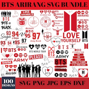 Op de afbeelding: Een digitale collectie van 100 BTS Arirang SVG-bundelontwerpen in rood en zwart. De grafische set bevat diverse logo's, silhouetten van de zeven leden, harticonen, vingerhartjes en tekst waaronder Love Yourself, BTS Army en namen van de leden.