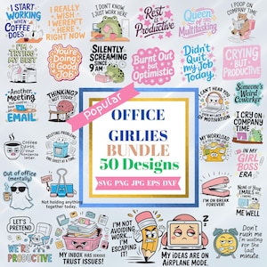 May include: A collection of 50 office-themed designs, including SVG, PNG, JPG, EPS, and DXF files. The designs feature humorous quotes and illustrations related to work, such as "I'm trying my best" and "My ideas are on airplane mode."