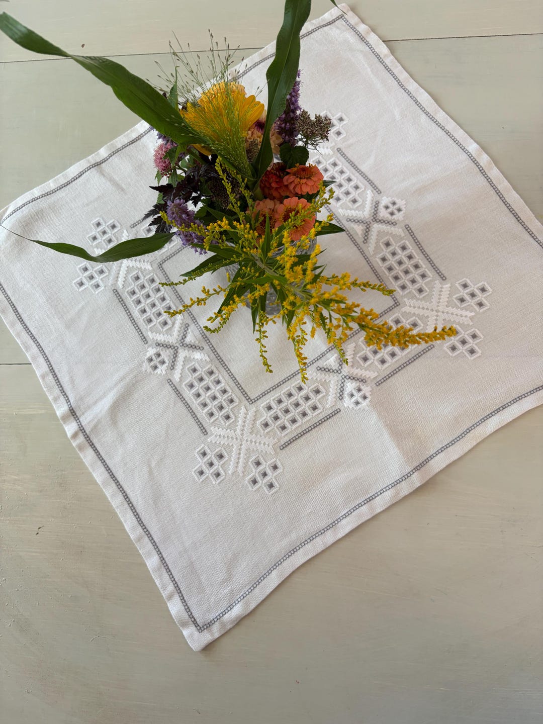 Vintage Swedish Linen Table Topper | White Hand Embroidered Linen ...