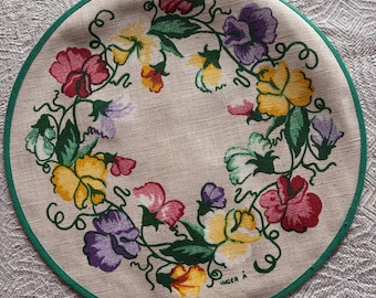 Vintage Swedish Floral Table Mat – Round Cotton Placemat – Retro Scandinavian Textile – Made in Sweden – Colorful Flower Decor