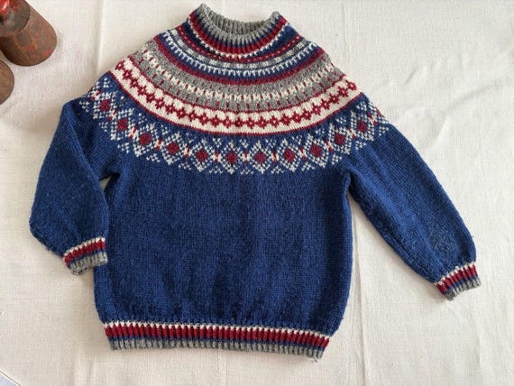 Handknit Wool Nordic Sweater – Kids Fair Isle Jumper, Size 122/128