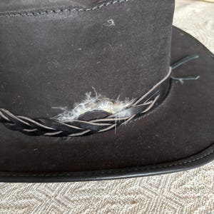 May include: A dark brown suede hat with a braided leather band and decorative feather accents. The hat has a wide brim and a structured crown, suitable for outdoor wear.