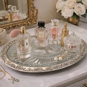 May include: An oval, silver-rimmed tray holds several perfume bottles, a small decorative jar, and a pair of pearl earrings. The bottles vary in shape and size, with clear glass and gold accents. A bouquet of white roses sits in the background.