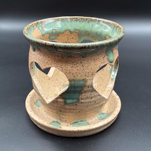 Signed Studio Pottery Heart Cutout Candle Holder | Handmade Stoneware Luminary | Turquoise Drip Glaze Artisan Rustic Country Cottage Decor