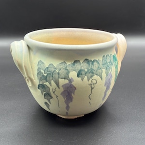 Vintage Signed Studio Pottery Cache Pot | Handmade Ceramic Wisteria Planter | Three Footed Jardiniere Bowl with Handles