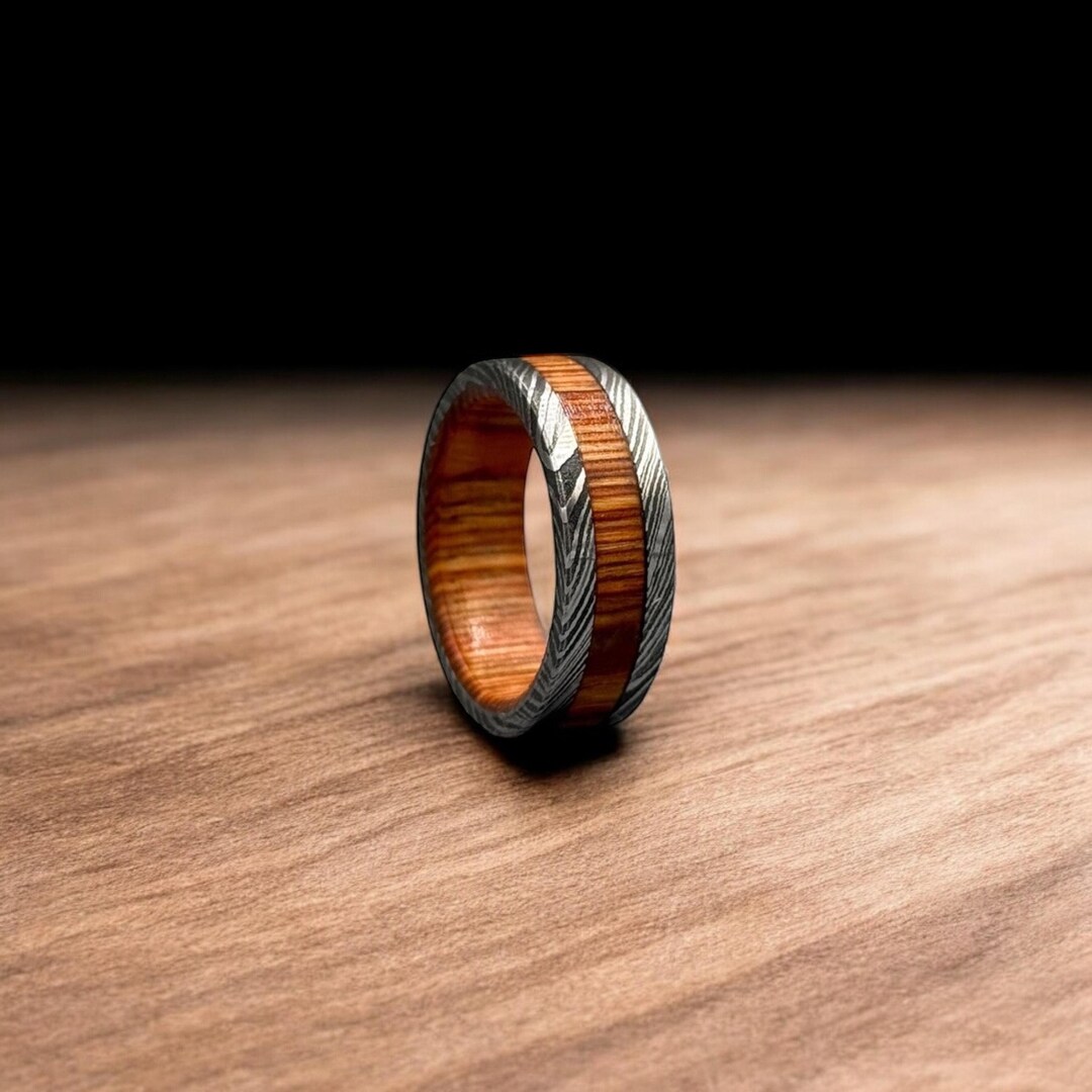 Damascus Brown Wood Inlay Ring for Men Wedding Band Engagement ...