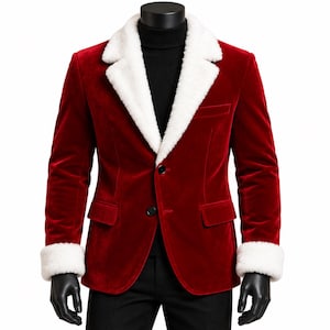 Peut inclure: Un blazer en velours rouge profond doté d'un large col à revers en fausse fourrure blanche et de poignets assortis en fausse fourrure blanche. La veste présente deux boutons noirs sur le devant, deux poches à rabat latérales et une poche poitrine.