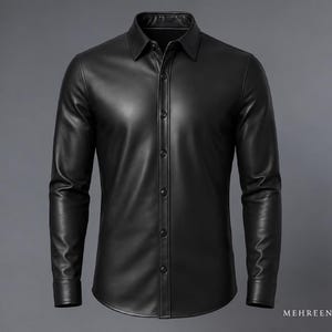 Può includere: Una camicia nera a maniche lunghe con una finitura liscia simile alla pelle, dotata di colletto classico, abbottonatura frontale con bottoni neri abbinati e polsini con bottoni. Il testo MEHREEN SPORTS è stampato in bianco nell'angolo in basso.