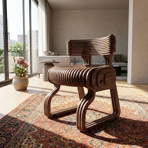 Puede incluir: Una moderna silla de madera con un diseño único. La silla está construida con listones de madera curvados y superpuestos, creando un efecto acanalado en el asiento y el respaldo. La silla tiene un acabado marrón oscuro y está sobre una alfombra estampada.