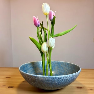 Peut inclure: Un bol en céramique bleu et blanc moucheté contenant plusieurs tulipes. Les tulipes ont des pétales blancs et roses avec des tiges et des feuilles vertes. Le bol repose sur une surface en bois brun clair.