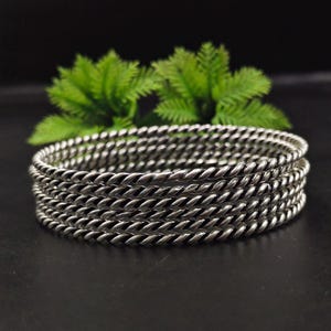 925 Sterling Silver Oxidized Hammered Bangles – Set of 6 Handmade Stacking Bangles for Women