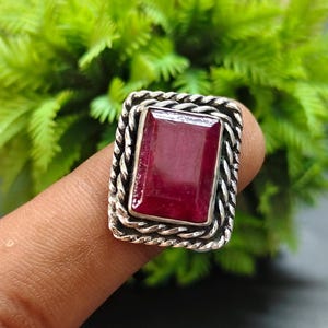 Pretty Ruby Stone Sterling Silver Ring, Handmade Statement, Rectangle Gemstone Ring, Gift for Her