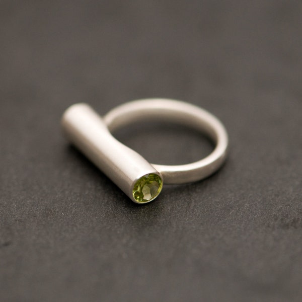Silver Bar Ring with Blue topaz and Peridot, Tube Ring in Sterling Silver
