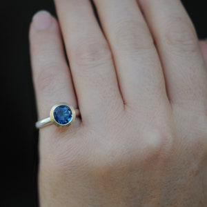 Blue Topaz Engagement Ring Halo Ring with 18K Gold bezel and Silver Band image 5