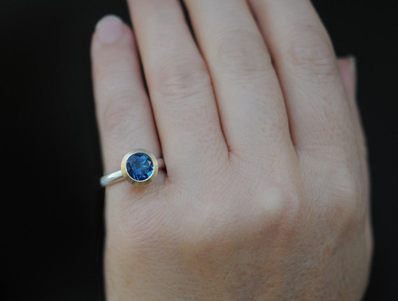 Blue Topaz Engagement Ring Halo Ring with 18K Gold bezel and Silver Band image 5