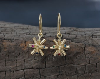 Gift For Her Diamond Earrings in 18K Gold, Spiky Drop Earrings with Rubies, Emeralds, Sapphires and Diamonds