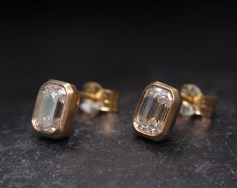Lab Diamond Emerald Cut Stud Earrings in 18K Gold, Gift For Her