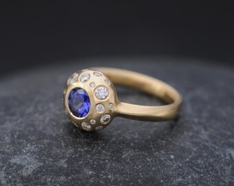 18K Gold Engagement Ring Tanzanite and Diamond Ring in 18K Gold Diamond Engagement Ring Blue gemstone Ring Hand Made to Order Free Shipping