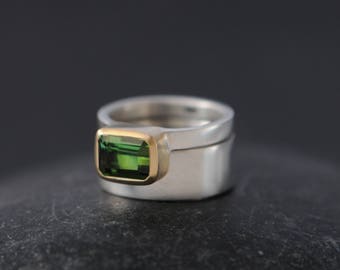 Green Tourmaline  Ring in 18K Gold, Green Gem Wedding Set