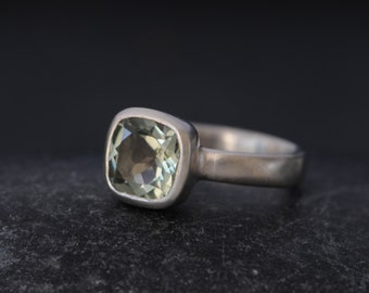 Size 5.75 Green Amethyst Ring, Silver Engagement Ring, Cushion Cut Ring