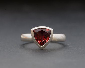 Red Garnet Trillion Engagement Ring, Red Gemstone Ring in Sterling Silver