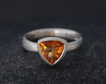 Madeira Citrine Trillion Ring, Orange Gemstone Trilliant Ring in Silver