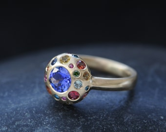 Tanzanite Ring in 18K Gold, Blue Gemstone Cluster Ring