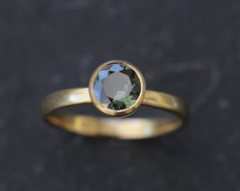 Ethical Engagement Ring, Green Sapphire Ring in Recycled 18K Gold