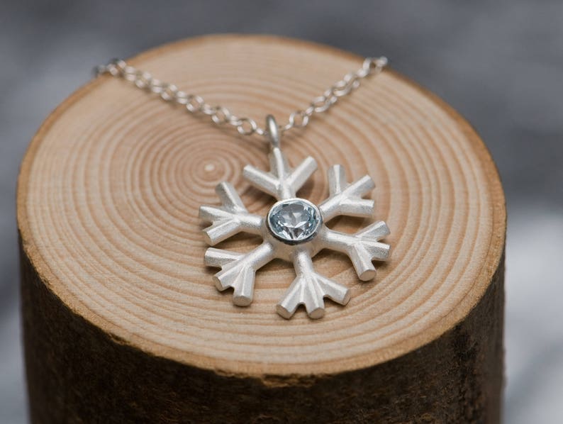 Snowflake Necklace Silver, Christmas Gift For Her, Red Garnet Pendant Sky Blue Topaz