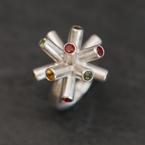 Spiky Ring with Sapphires, Statement Ring in Silver, Gift For Her image 2