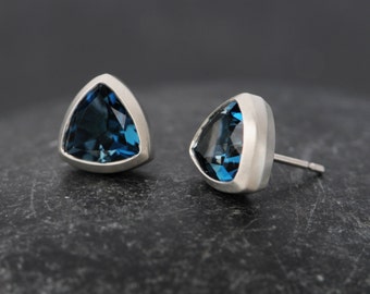 Triangle Stud Earrings, Blue Topaz Trillion Earrings, Gift For Her